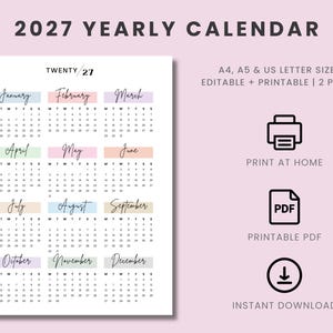 2027 Calendar, 2027 Yearly Calendar, Printable 2027 Calendar, Sunday & Monday Start, Printable Calendar, Year At A Glance, A4, A5, Letter