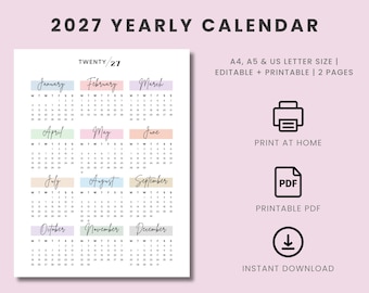 2027 Yearly Calendar: Printable Year At A Glance (A4, A5, Letter) (Digital Download)