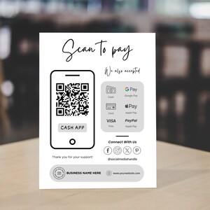 Carte Scan to Pay, Carte de paiement, Signe de code Qr pour les petites entreprises, Modèle canva Scan to Pay, Modèle de signe de code Qr, Signe Scan to Pay