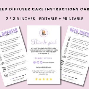 Op de afbeelding: Afdrukbare verzorgingsinstructies voor een rietdiffuser op een kaart met een paars en wit kleurenschema. De kaart bevat instructies over het gebruik en de verzorging van een rietdiffuser, evenals een bedankbericht en contactgegevens. De kaart meet 2 bij 3,5 inch.