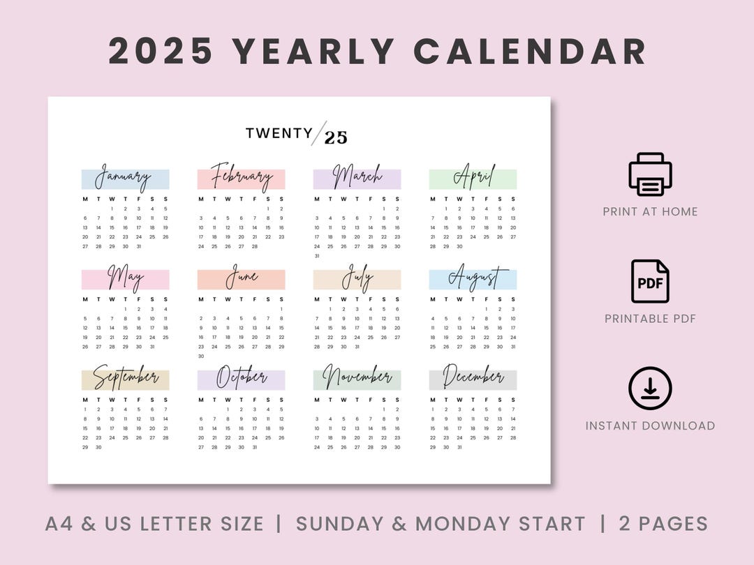 2025 Landscape Yearly Calendar, Printable 2025 Calendar, Sunday & Monday Start, Printable Calendar, Year at A Glance, A4, A5, Letter Size - Etsy 2025-landscape-yearly-calendar-printable-2025-calendar-sunday-monday-start-printable-calendar-year-at-a-glance-a4-a5-letter-size-etsy