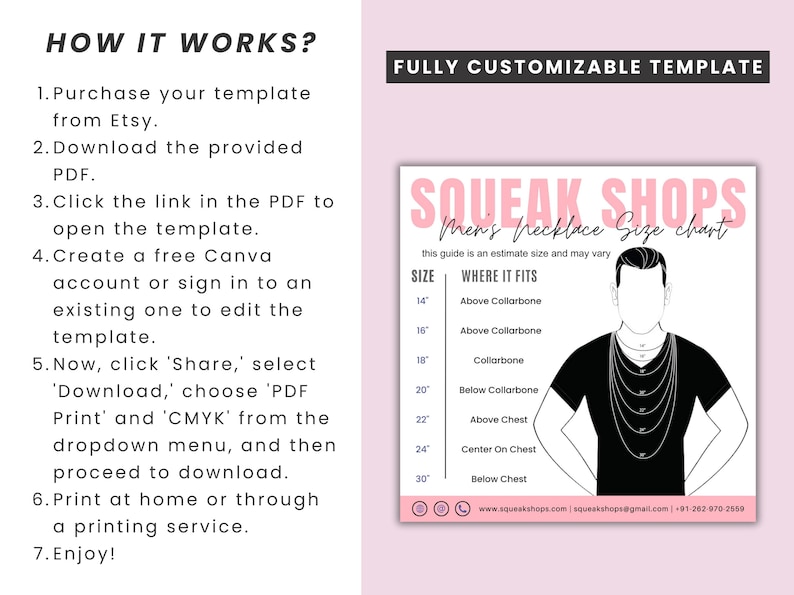 Necklace Size Chart Template, Printable Men's Necklace Size Guide Card