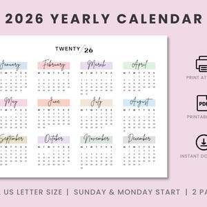 2026 Landscape Yearly Calendar, Printable 2026 Calendar, Sunday & Monday Start, Printable Calendar, Year At A Glance, A4, A5, Letter Size