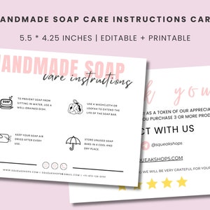 Editable Handmade Soap Care Card Template (5.5x4.25 inches)