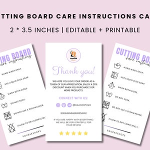 Cutting Board Care Instructions Card, Printable Cutting Board Care Card, Chopping Board Care Cards, Care Cards, Printable Business Cards