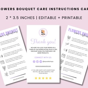 Editable Flowers Bouquet Care Card Template, Flowers Bouquet Care Guide, Bouquet Of Flowers Care Card, Flowers Bouquet Care Instruction Card