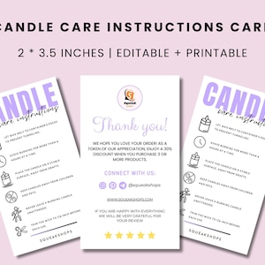 Candle Care Card Template, Candle Care Instructions, Candle Care Cards, Candle Care Guide, Printable Care Cards, Candle Business Cards