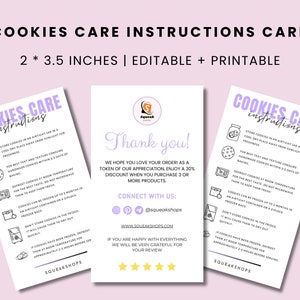Modèle de carte modifiable d'entretien des cookies, Carte d'entretien personnalisée, Carte d'entretien des biscuits imprimable, Guide d'entretien des cookies, Cartes d'entretien boulangerie