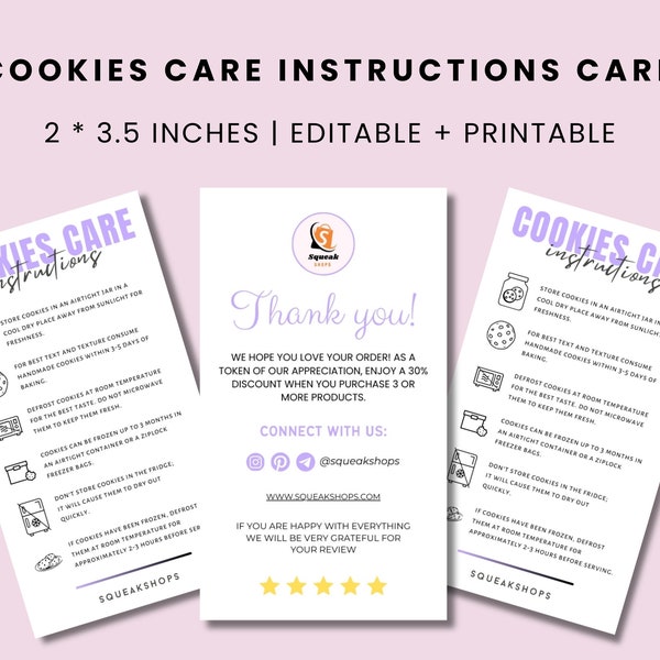 Editable Cookies Care Card Template, Custom Care Card, Printable Biscuit Care Card, Cookies Care Instructions Guide, Bakery Care Guide Cards