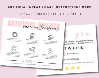 Artificial Wreath Care Card Template: Editable Printable (5.5x4.25 inches)