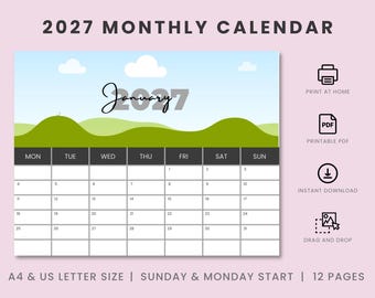 2027 Monthly Photo Calendar Template: A4, Letter Size (Canva Frame, Digital Download)