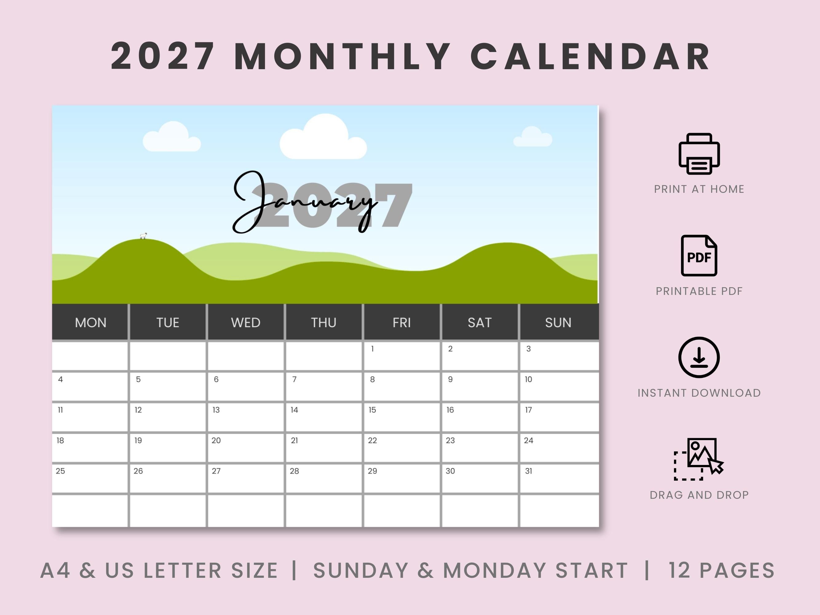 2027 Monthly Photo Calendar Template: A4, Letter Size (Canva Frame, Digital Download)