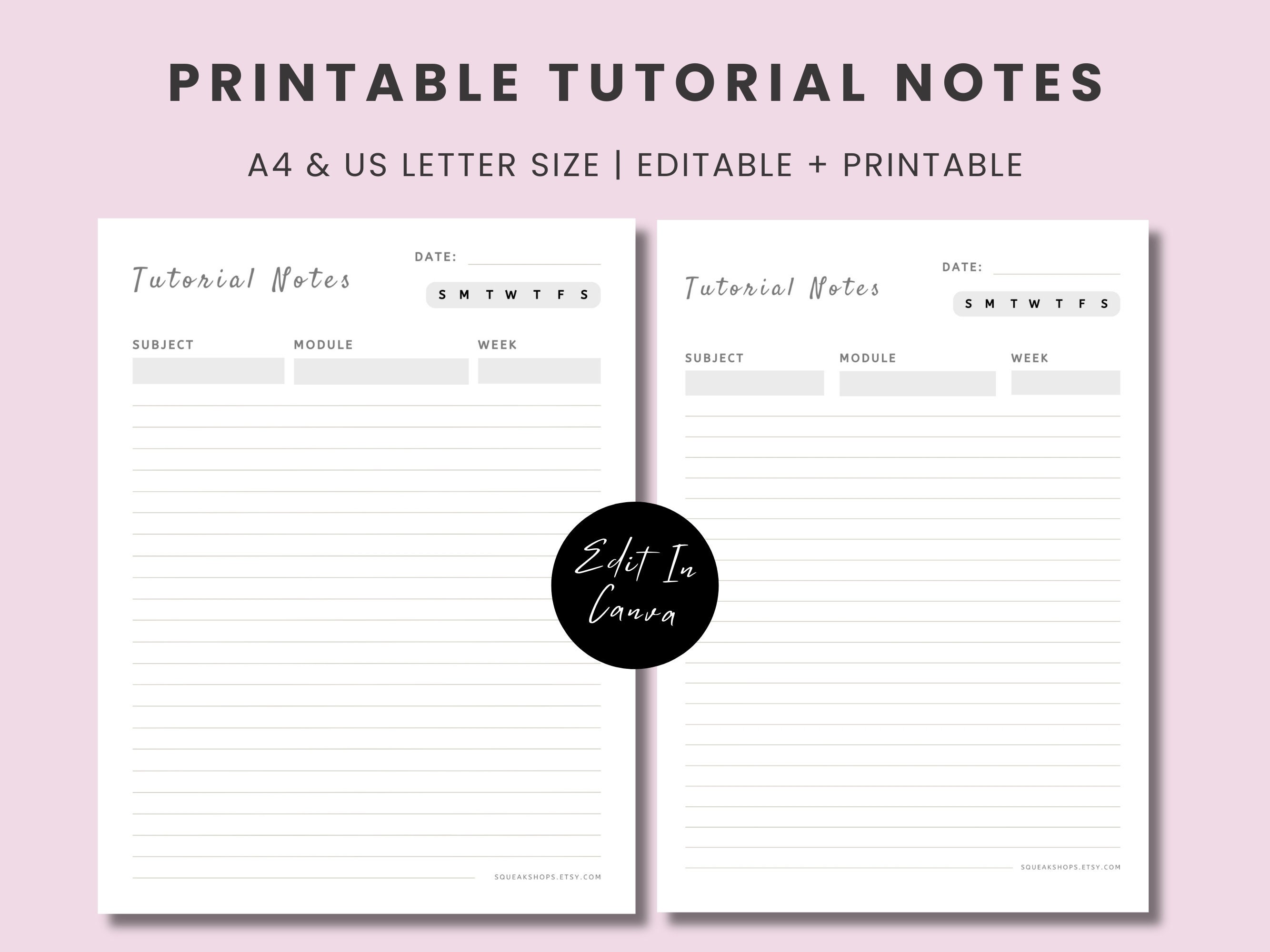 Printable College Tutorial Notes Template: A4 & US Letter (canva ...