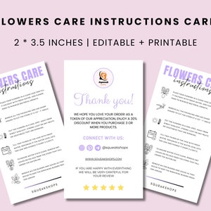Editable Flowers Care Card Template, Minimalist Flowers Care Note, Flowers Care Guide Card, Fresh Flowers Guide, Printable Flowers Care Card