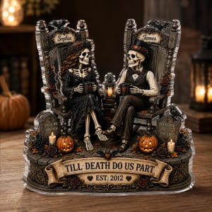 Blocco acrilico personalizzato "Finché morte non ci separi", regalo di Halloween per coppia con scheletri, decorazione acrilica gotica per anniversario, ricordo personalizzato per la coppia.