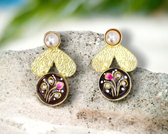 Gemstone Earrings \ Push Back Stud \ Brass Earrings \ Earrings For Women \ Unique Earrings \ Women's Earring \ Floral Earring /