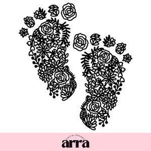 Baby Footprint SVG en PNG bundel ⟡ bloemen baby voeten svg ⟡ hand getekend ontwerp voor babyvesten, zwangerschap tees ⟡ commercieel ontwerp
