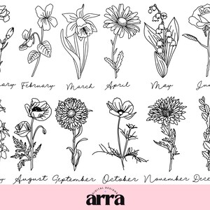 Birth Month Flower SVG and PNG bundle ⟡ Floral SVG Designs ⟡ trendy popular design for shirts, mugs, keyrings, tote bags ⟡ commercial design