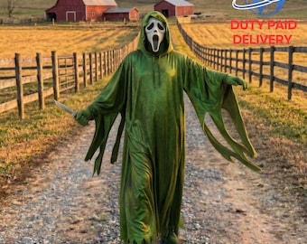 Túnica de terror con capucha brillante, disfraz de asesino brillante, capa brillante de Halloween, atuendo de cosplay de villano aterrador