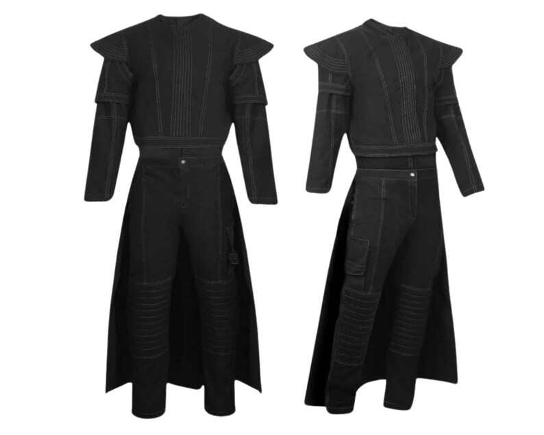 May include: A black two-piece outfit consisting of a long-sleeved top with structured shoulder pads and vertical stitching, paired with matching trousers featuring ribbed knee panels, a side pocket, and an attached long back panel or cape.