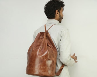 Brown Duffel Leather Bag with Drawstring, Round Leather Pack Sack, Genuine Leather Shoulder Drawstring Saddle Bag