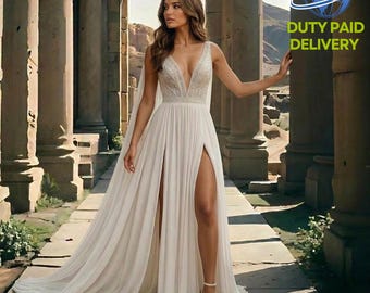 Vestido de novia de gasa arrugada estilo diosa griega / Toga nupcial estilo griego / Conjunto bohemio playero sin espalda