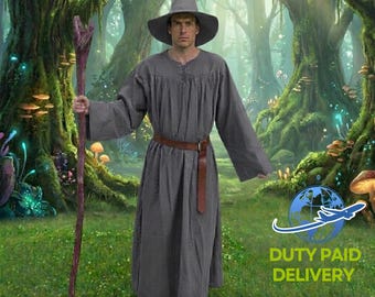 Túnica medieval de mago oscuro con sombrero y cinturón / Disfraz de brujo o hechicero / Disfraz de mago de fantasía