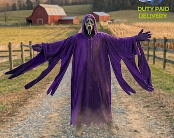 Túnica gótica con capucha morada brillante / Capa brillante inspirada en películas de terror / Ropa para fiestas de Halloween con máscara