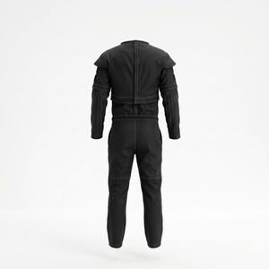 May include: A black jumpsuit featuring long sleeves with structured shoulder detailing, a high neckline, and visible white contrast stitching throughout the garment. The design includes a fitted bodice and straight-leg trousers with reinforced seams.