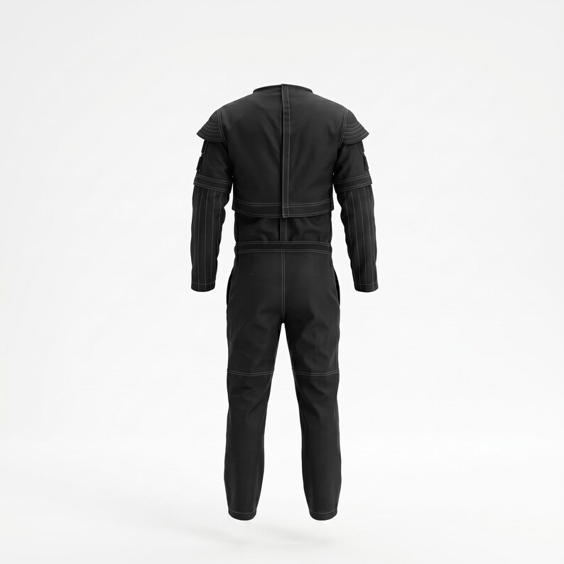 May include: A black jumpsuit featuring long sleeves with structured shoulder detailing, a high neckline, and visible white contrast stitching throughout the garment. The design includes a fitted bodice and straight-leg trousers with reinforced seams.