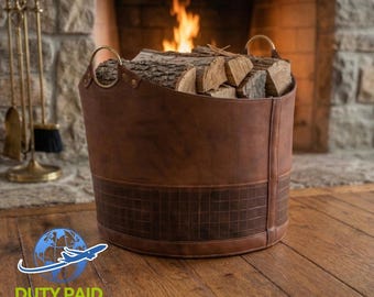 Cesta de almacenamiento rústica de cuero / Organizador tejido a mano / Soporte decorativo para leña