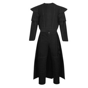 May include: A black long-sleeved garment featuring structured shoulder pads, vertical stitching details on the bodice, and a skirted lower section. The pants portion includes ribbed knee detailing and a side pocket, all constructed with visible white stitching.