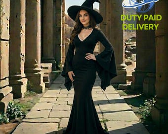 Vestido gótico negro para cosplay / Elegante disfraz de bruja para Halloween / Vestido de fantasía oscura