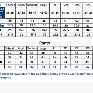 May include: A black and white sizing chart table for shirts and pants, listing measurements from X-Small to 5XL. The chart includes rows for bust, shoulder, length, and sleeve measurements for shirts, and waist, hips, inseam, and length for pants.