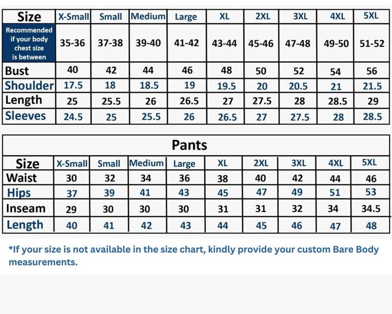 May include: A black and white sizing chart table for shirts and pants, listing measurements from X-Small to 5XL. The chart includes rows for bust, shoulder, length, and sleeve measurements for shirts, and waist, hips, inseam, and length for pants.