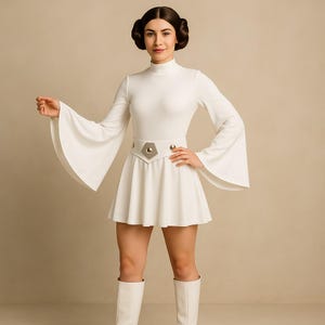May include: A white costume featuring a high neckline, long bell sleeves, and a short skirt. The costume includes a silver-coloured belt and white boots. The person has a classic hairstyle.