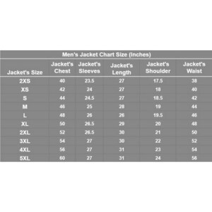 Op de afbeelding: Een maattabel voor herenjassen in inches. De tabel bevat maten van 2XS tot 5XL, met afmetingen voor borst, mouwen, lengte, schouder en taille. De maten worden in inches weergegeven.