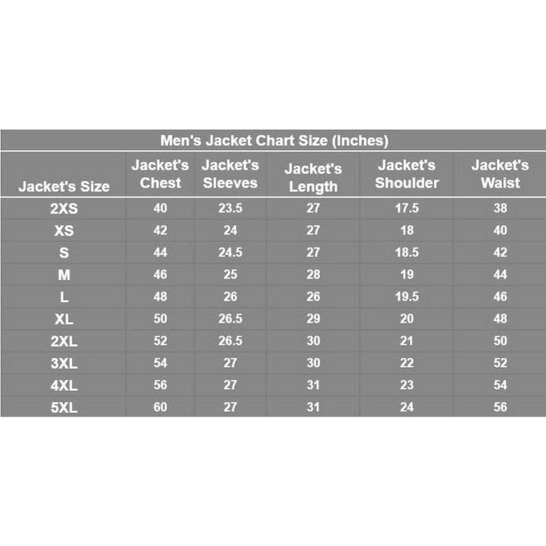 Op de afbeelding: Een maattabel voor herenjassen in inches. De tabel bevat maten van 2XS tot 5XL, met afmetingen voor borst, mouwen, lengte, schouder en taille. De maten worden in inches weergegeven.
