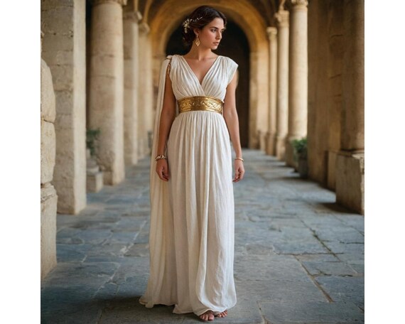 thumbnail image 2 of Women's Venus Greek Goddess Costume — Gold Trim Toga Dress For Cosplay & Halloween! 2 of 12