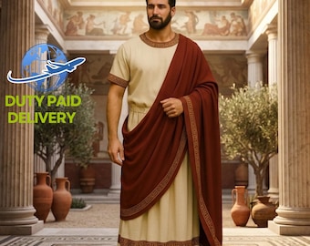 Disfraz de toga de gladiador romano / Túnica de algodón color crema para hombre con drapeado rojo / Traje de cosplay para Halloween
