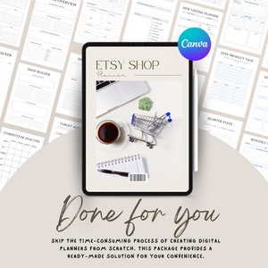 K&ouml;nnte beinhalten: Ein digitaler Planer f&uuml;r Etsy-Verk&auml;ufer mit einem Titelbild eines Laptops, einer Tasse Kaffee, eines Einkaufswagens und eines Notizbuchs. Der Text "Etsy Shop Planner" ist auf dem Titelbild zu sehen. Der Text "Done for you" ist unter dem Titelbild zu sehen. Der Text "Skip the time-consuming process of creating digital planners from scratch. This package provides a ready-made solution for your convenience." ist unter dem Text "Done for you" zu sehen.