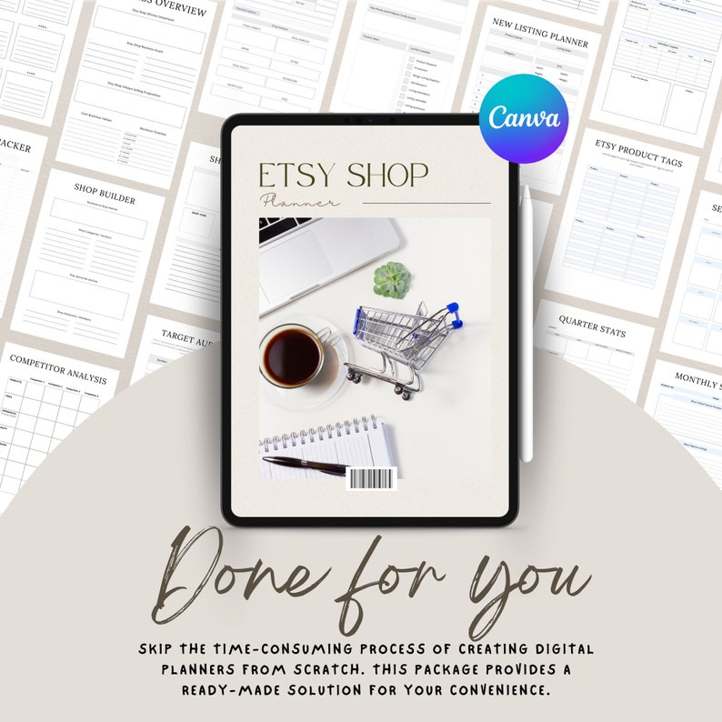 K&ouml;nnte beinhalten: Ein digitaler Planer f&uuml;r Etsy-Verk&auml;ufer mit einem Titelbild eines Laptops, einer Tasse Kaffee, eines Einkaufswagens und eines Notizbuchs. Der Text "Etsy Shop Planner" ist auf dem Titelbild zu sehen. Der Text "Done for you" ist unter dem Titelbild zu sehen. Der Text "Skip the time-consuming process of creating digital planners from scratch. This package provides a ready-made solution for your convenience." ist unter dem Text "Done for you" zu sehen.