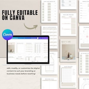 May include: A digital planner with a beige and brown color scheme. The planner includes sections for self-care, hair care, skincare, sleep, mood tracking, and more. The text "FULLY EDITABLE ON CANVA" is displayed at the top of the image.