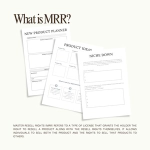 May include: Three white sheets of paper with text and diagrams, including "New Product Planner" and "Product Ideas." The top of the image reads "What is MRR?" and the bottom text explains Master Resell Rights.