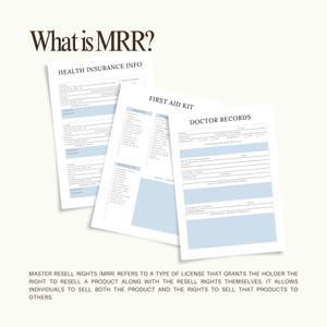 Puede incluir: Tres hojas de papel blancas con texto y detalles en azul claro. La hoja superior dice "What is MRR?" en texto marr&oacute;n. Las otras hojas est&aacute;n etiquetadas como "Health Insurance Info", "First Aid Kit" y "Doctor Records".