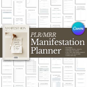 Può includere: Un pianificatore di manifestazione digitale con una copertina beige e varie pagine interne. La copertina presenta il titolo "Manifestation Planner" e una citazione. Il pianificatore include pagine per la gratitudine quotidiana, le affermazioni e la definizione degli obiettivi. Il logo Canva è visibile.