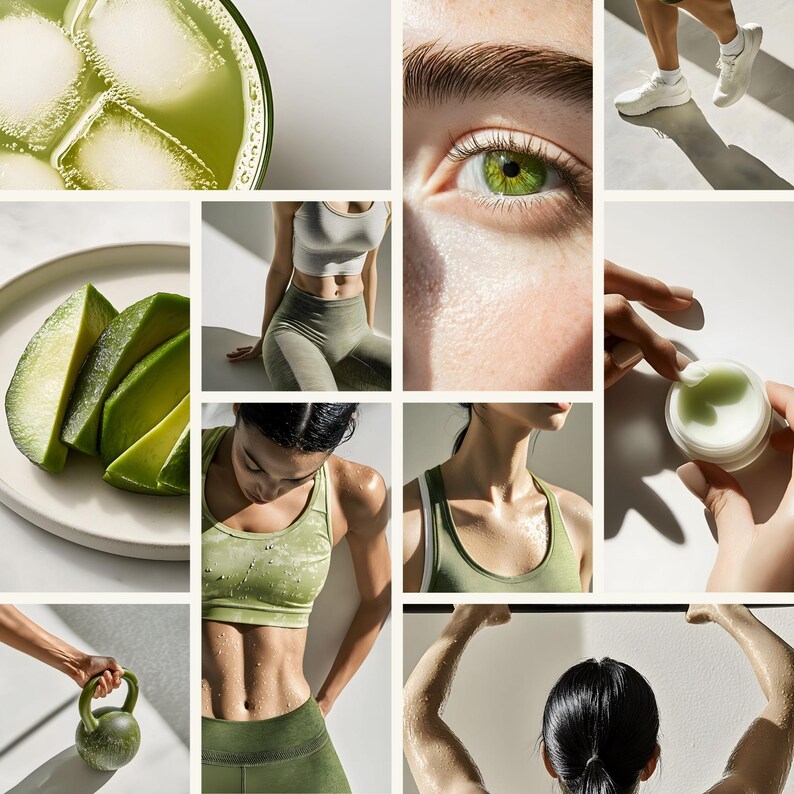 May include: A collage of images featuring a green smoothie, avocado slices, a woman wearing a green sports bra and leggings, a woman with green eyes, and a woman applying a green cream.