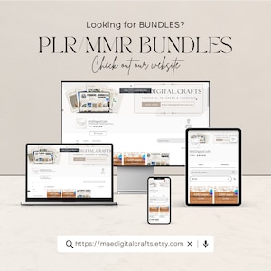K&ouml;nnte beinhalten: Ein Computerbildschirm zeigt eine Website f&uuml;r digitales Handwerk, Planer, Tracker und Journale. Die Website hei&szlig;t "MAEDigitalCrafts" und der Text "Looking for BUNDLES? PLR/MMR BUNDLES Check out our website" wird oben auf dem Bildschirm angezeigt. Die Website wird auch auf einem Laptop und einem Smartphone angezeigt.