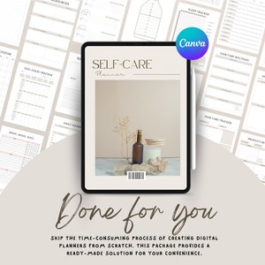 May include: A digital planner with the text "SELF-CARE Planner" on a beige background. The planner includes pages for tracking sleep, hair care routines, daily journaling, and more. The image also includes a photo of a bottle of essential oil and a candle on a wooden surface.