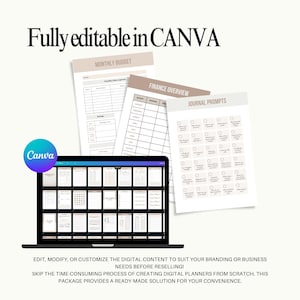 May include: A digital planner template with a laptop displaying various planner pages, alongside printed pages labeled "Monthly Budget," "Finance Overview," and "Journal Prompts." The text "Fully editable in CANVA" is at the top.